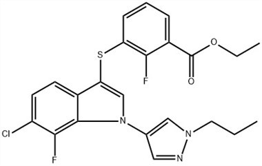 Benzojeva kiselina, 3-[[6-kloro-7-fluoro-1-(1-propil-1H-pirazol-4-il){ {8}}H-indol-3-il]tio]-2-fluoro-, etil ester (ACI) CAS br.: 1782070-73-8